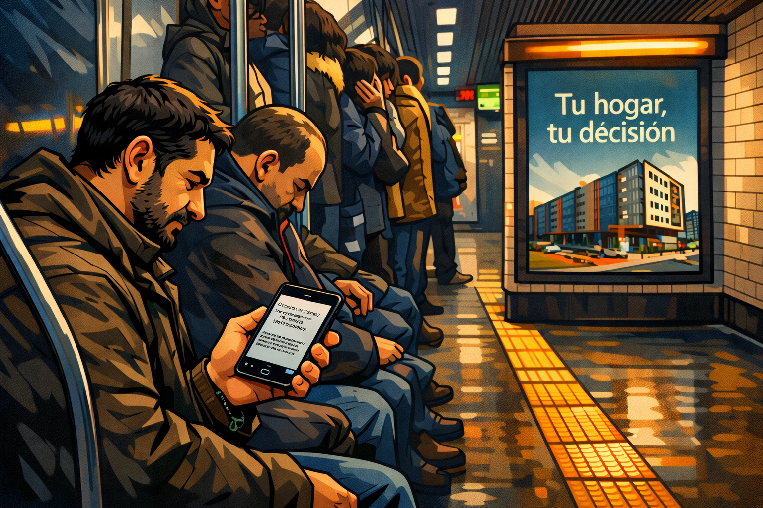 135 — relato de Santiago Copí. Hombre en el metro mirando el móvil. Cartel: Tu hogar, tu decisión.