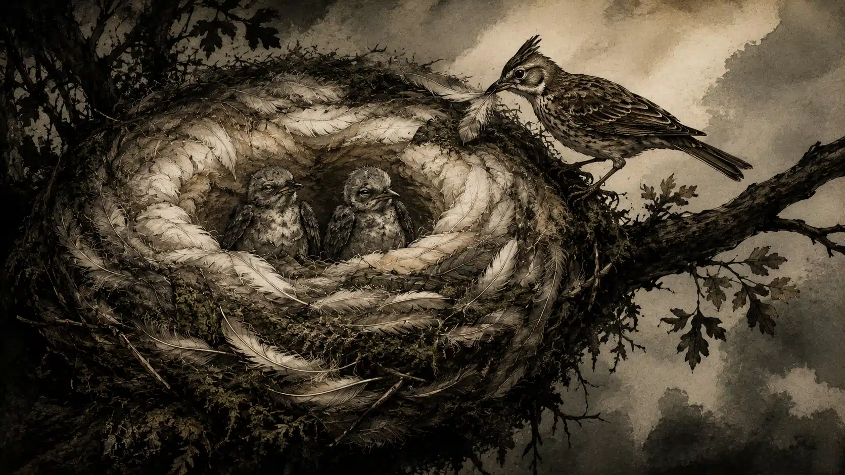 El nido acolchado — fábula de Santiago Copí. Ilustración simbólica sobre protección excesiva, crecimiento y aprendizaje.