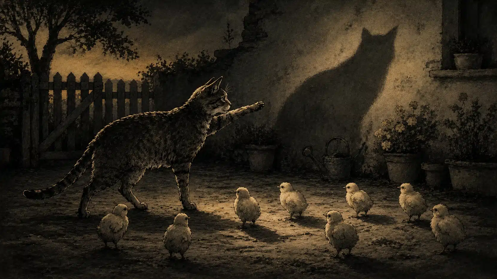 La gata vigilante — fábula de Santiago Copí. Gata observando en una ilustración simbólica sobre vigilancia, miedo y protección.