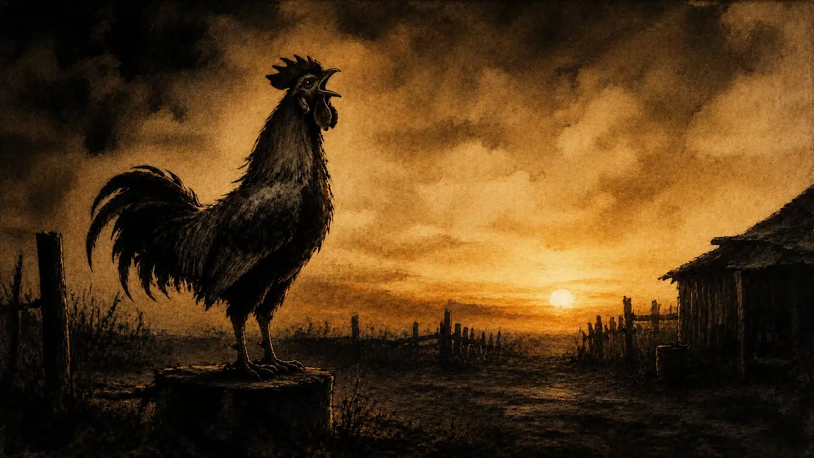 El gallo sin corral — fábula de Santiago Copí. Gallo solitario en una escena simbólica sobre identidad y pertenencia.