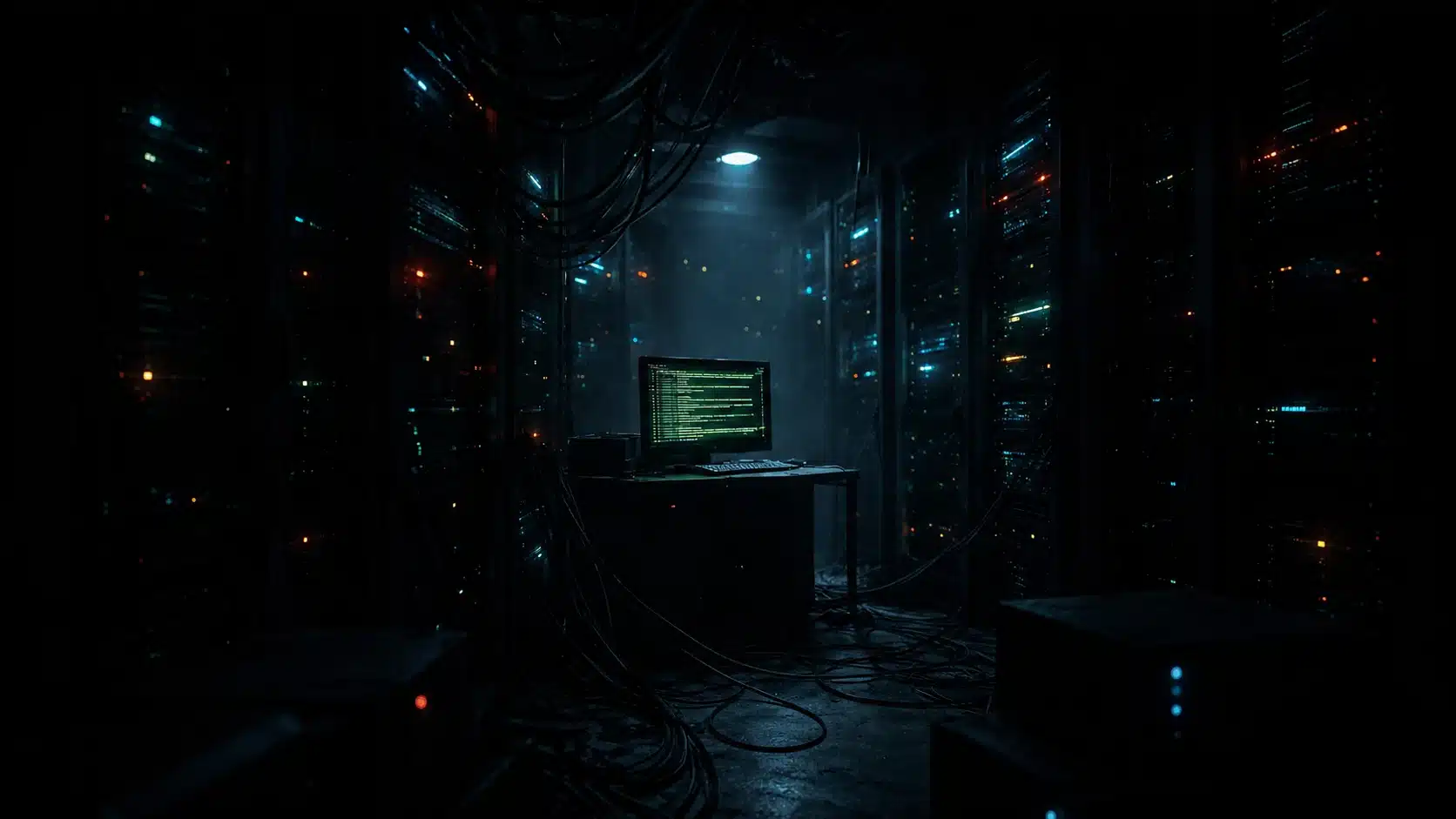 Sala de servidores en penumbra con terminal de código verde — El Undécimo, Santiago Copí