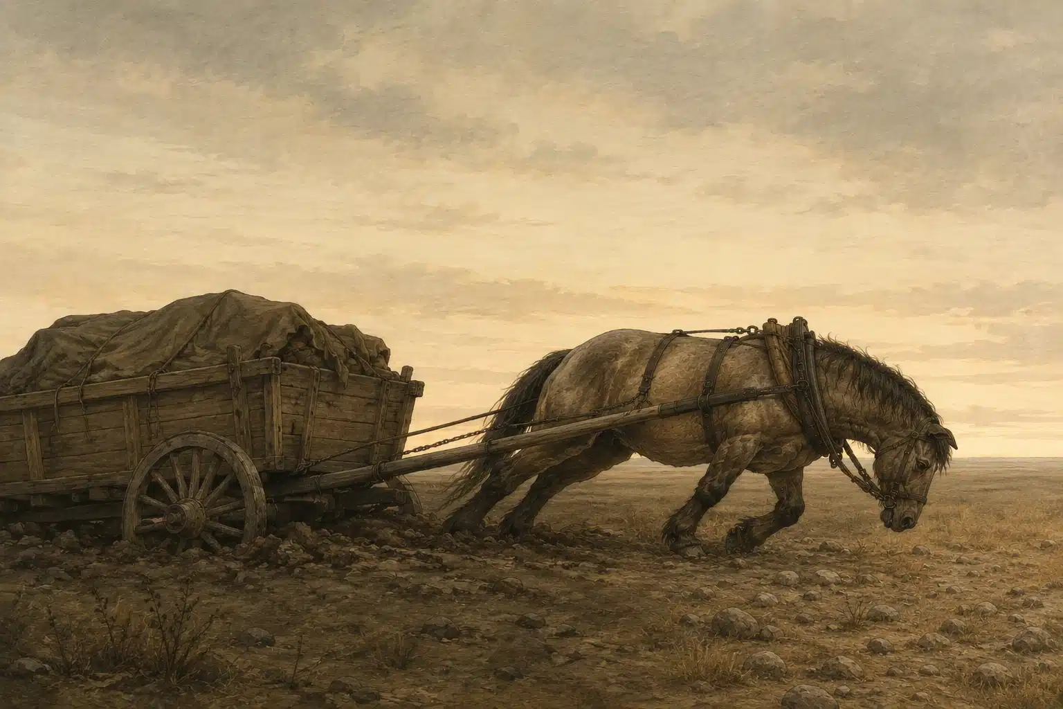 El Caballo útil — fábula de Santiago Copí. Caballo de tiro cansado arrastrando un carro cargado al atardecer.